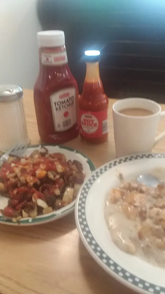 Biscuits with Sausage Gravy Home Fries Coffee